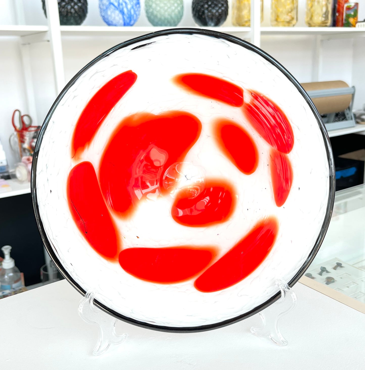Red and White with Black Rim - 12" Glass Wall Platter