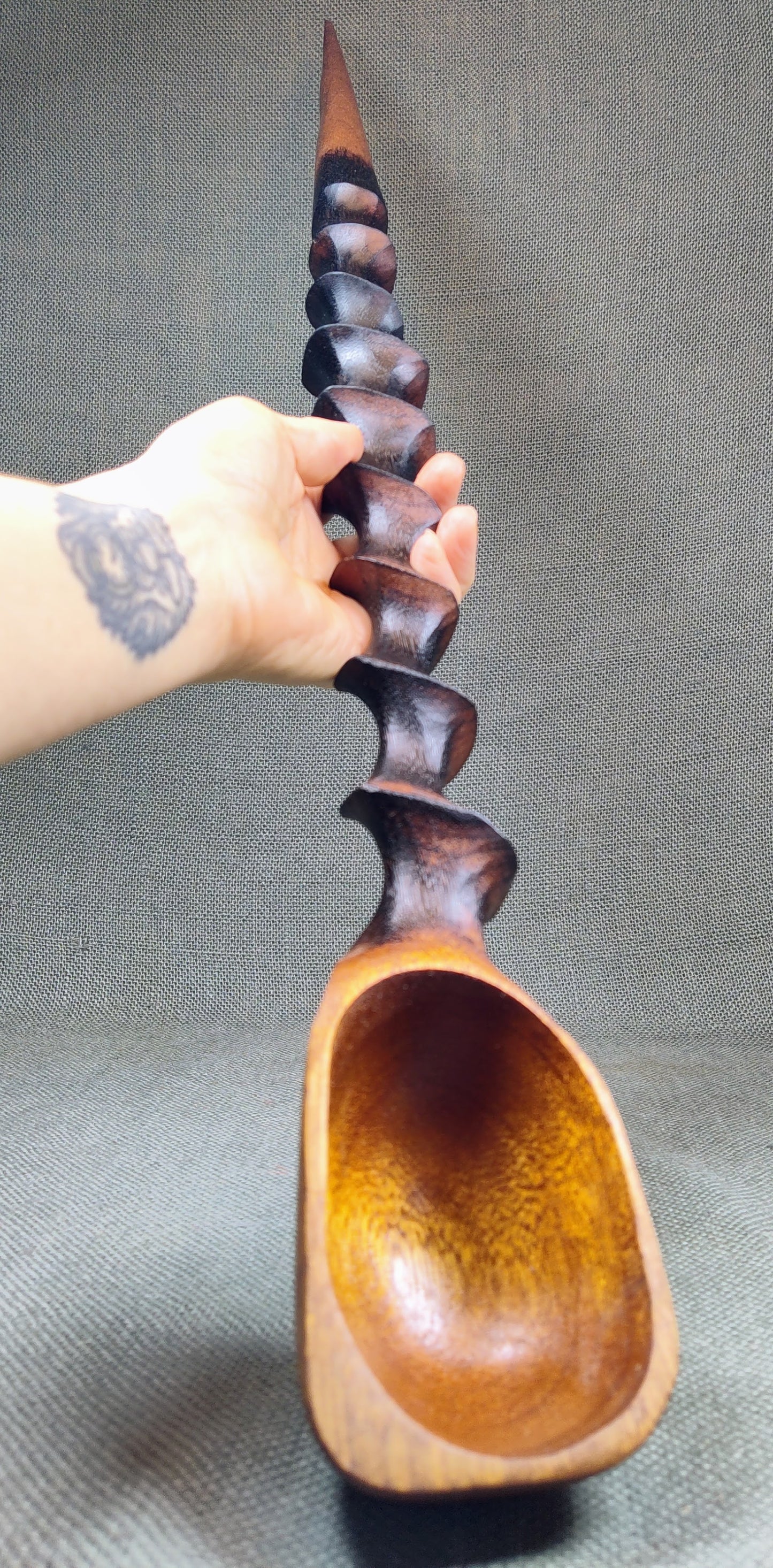 Large Carved Swirl Mahogany Spoon