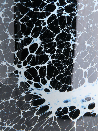 A close-up of planter with a black surface covered with a white spiderweb pattern.