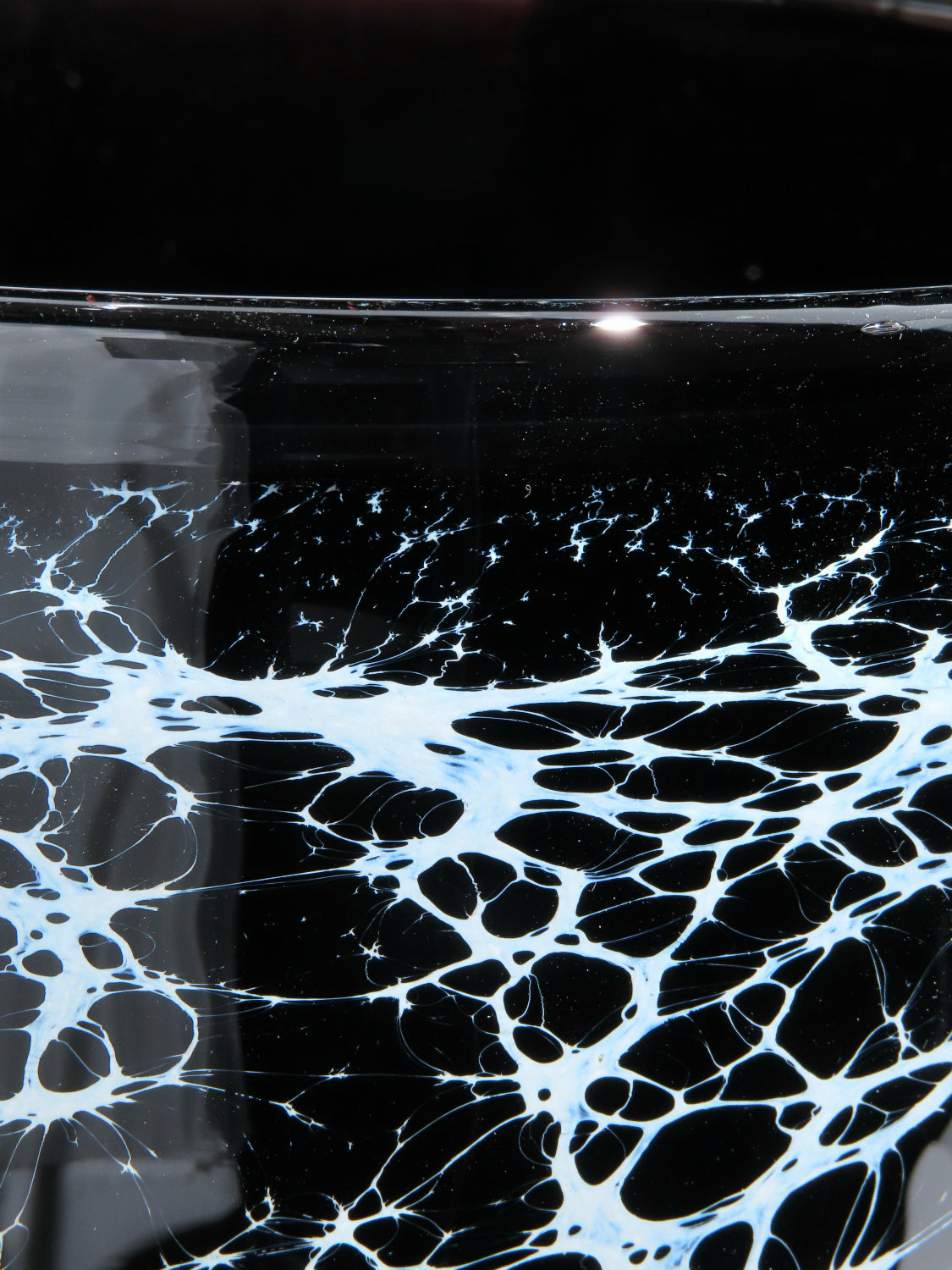 A close-up of a clear glass planter with a black background, featuring a delicate, web-like pattern of white and light blue veins resembling spiderwebs or crackle glass.