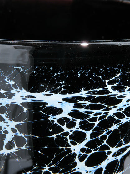 A close-up of a clear glass planter with a black background, featuring a delicate, web-like pattern of white and light blue veins resembling spiderwebs or crackle glass.